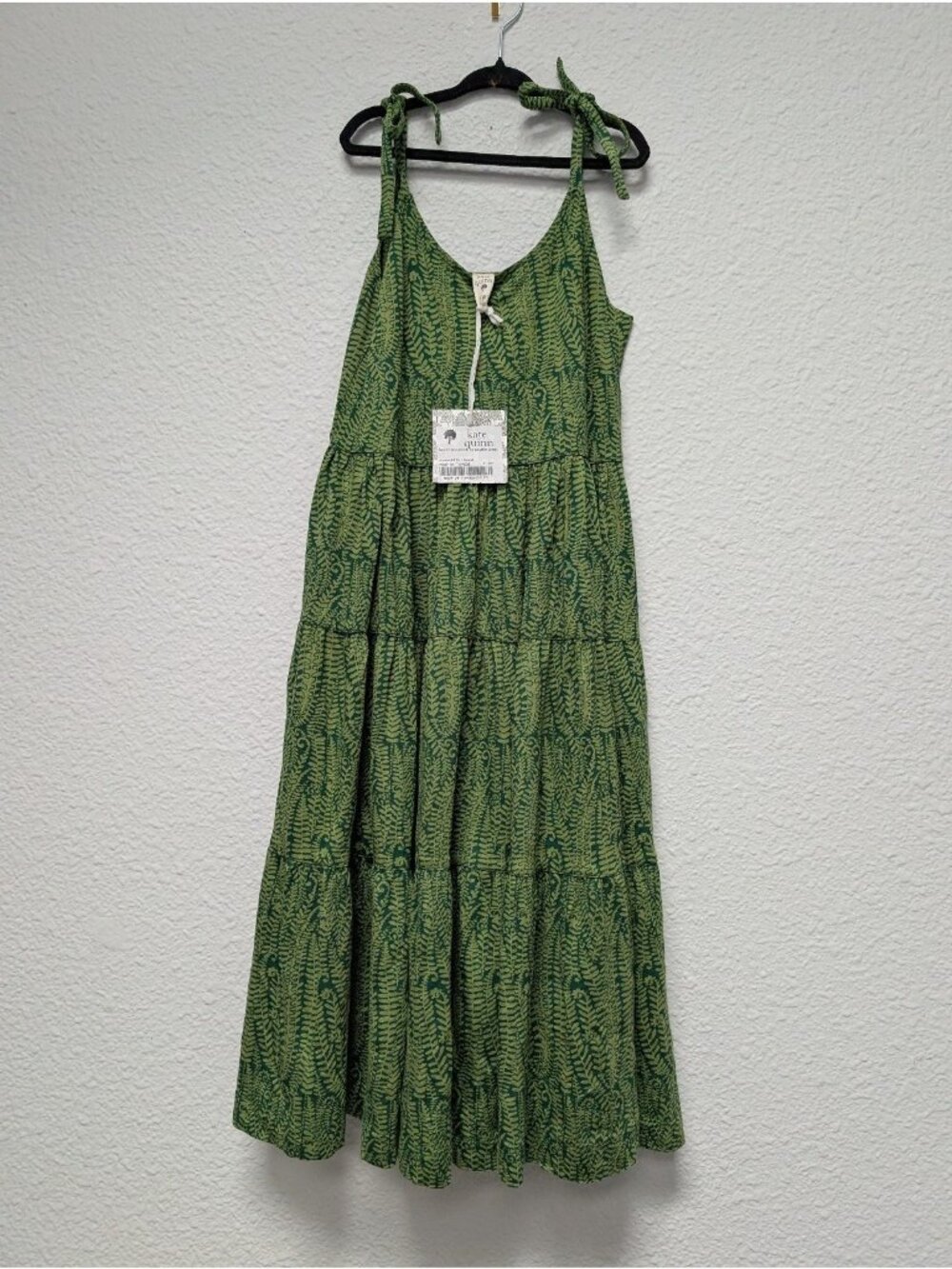 Kate Quinn Bamboo Emerald Green Fern Frond Tie Strap Prairie Dress 9/10Y